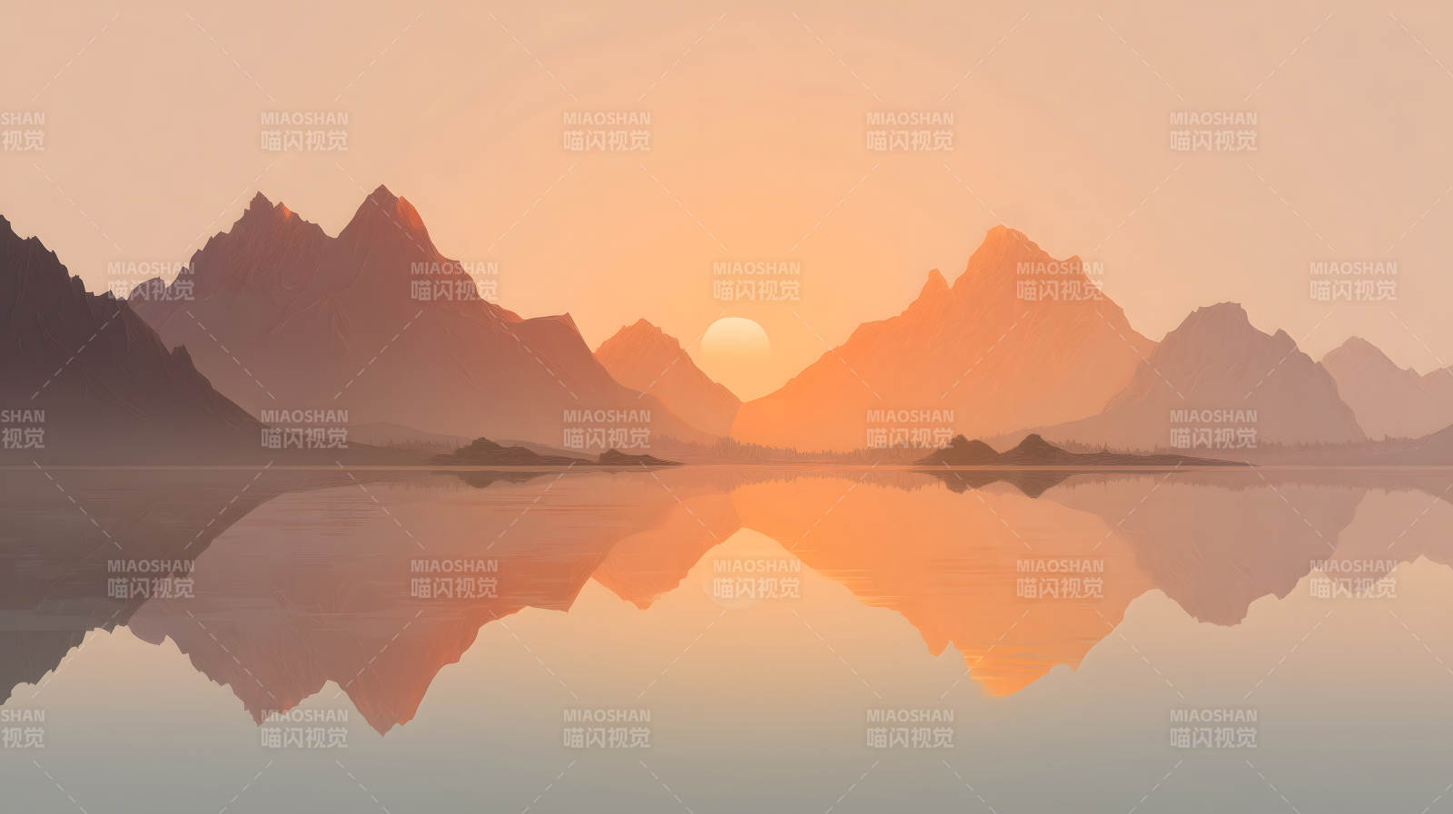 夕阳山水画水面山峦倒影图片