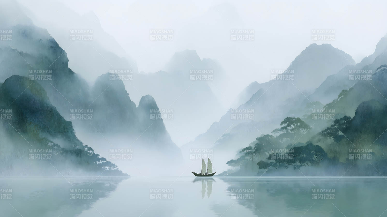 水墨山水画船行图片