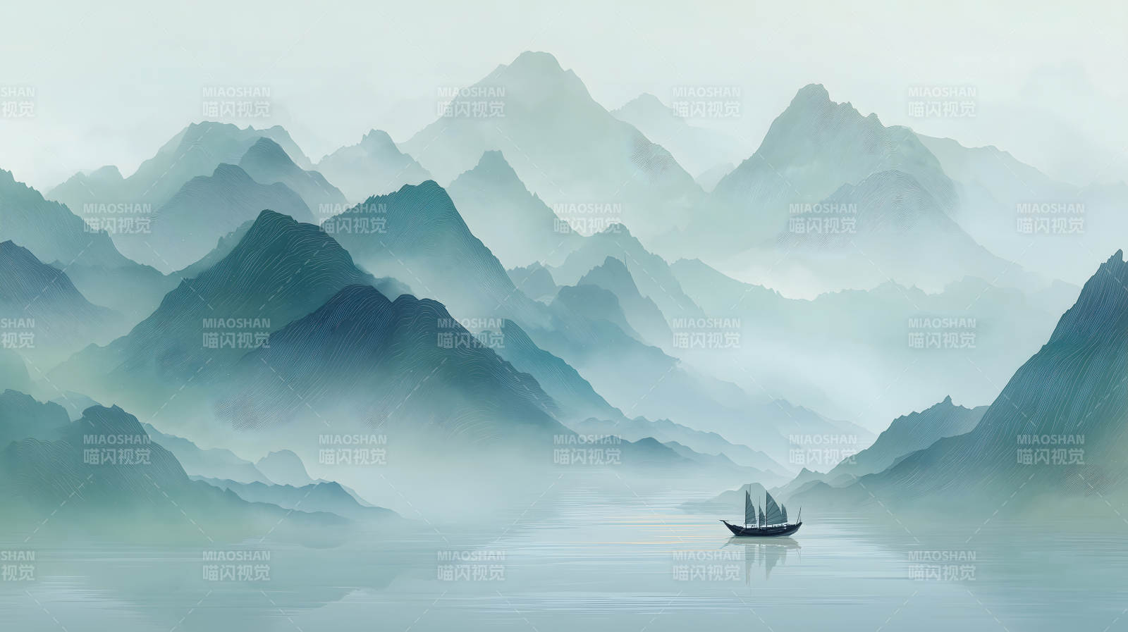 水墨山水画船行湖中云雾缭绕图片