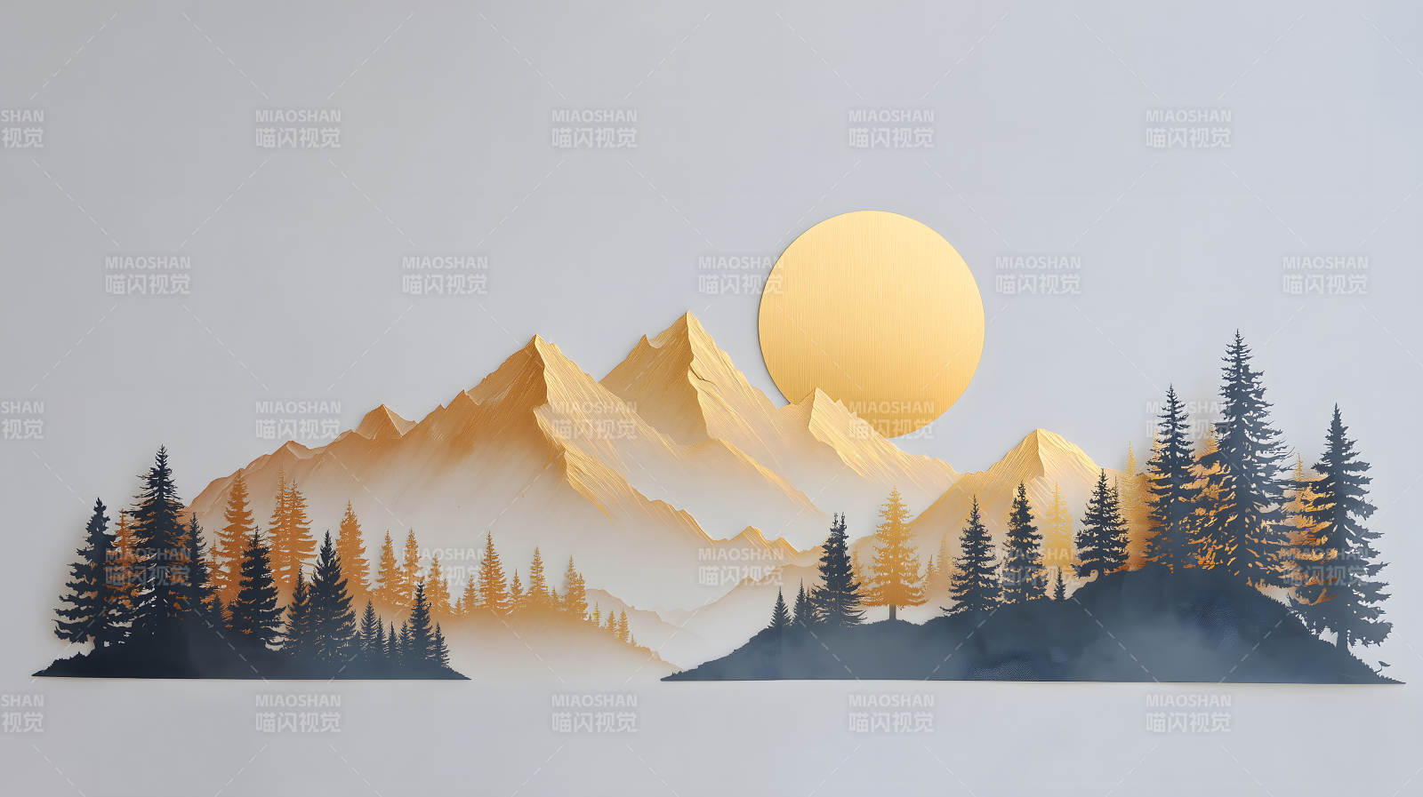 金色山脉下的森林与太阳艺术图片