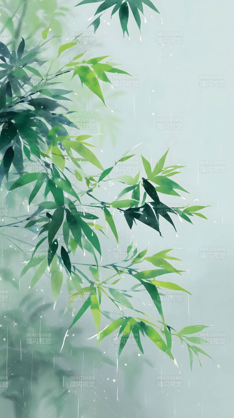 竹叶水墨意境雨中唯美风图片