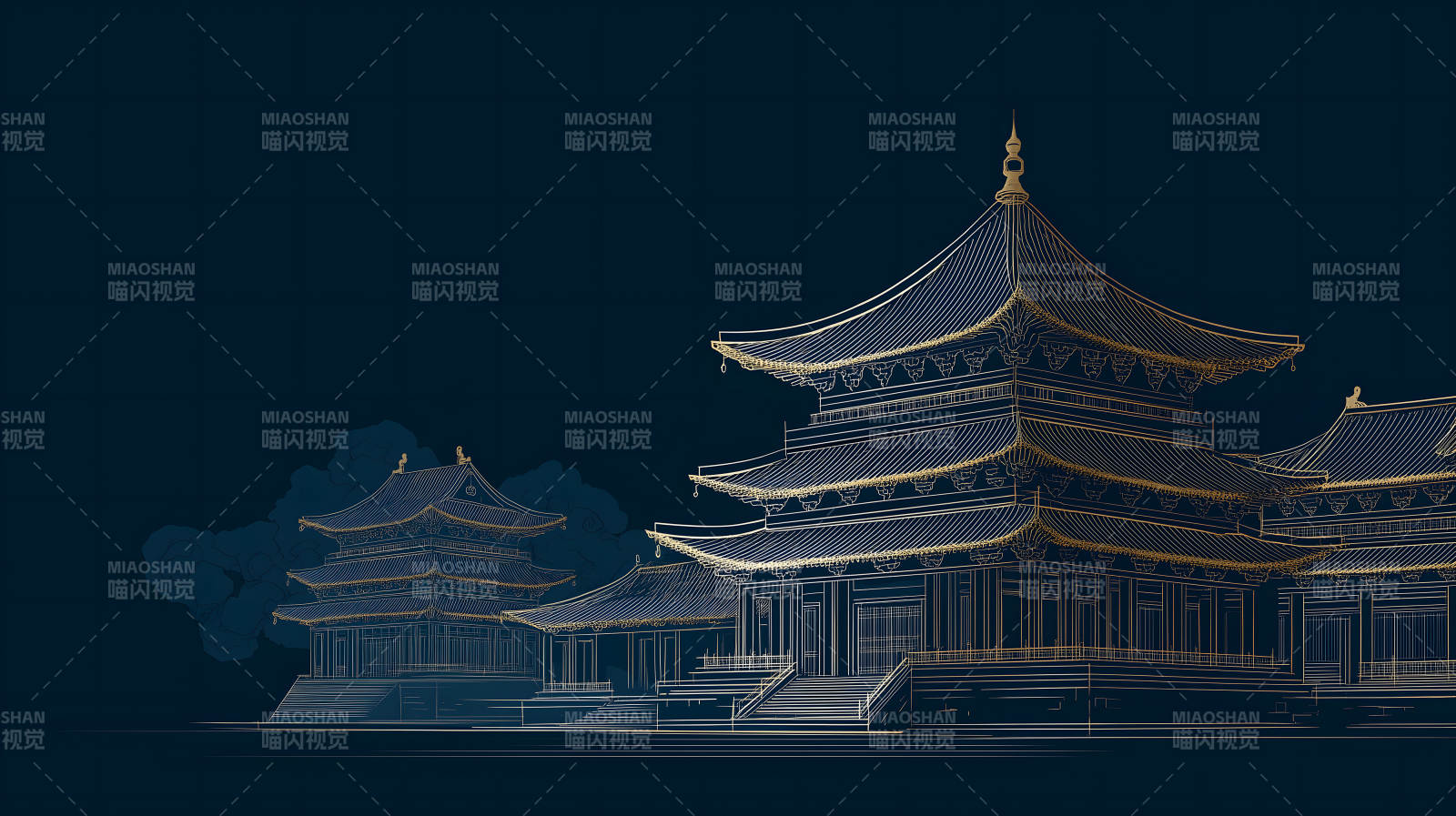 东方古建筑金色线条幽静氛围图片