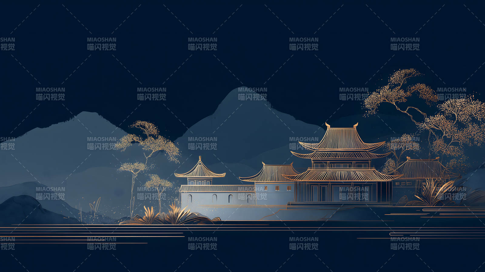 东方建筑山水画金线装饰图片