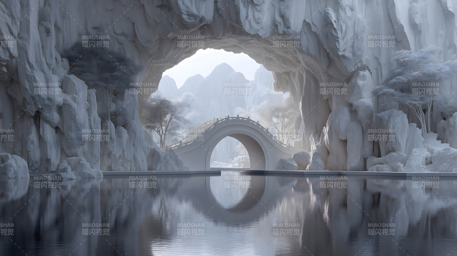 梦幻仙境水景一览白桥屹立群山之间图片