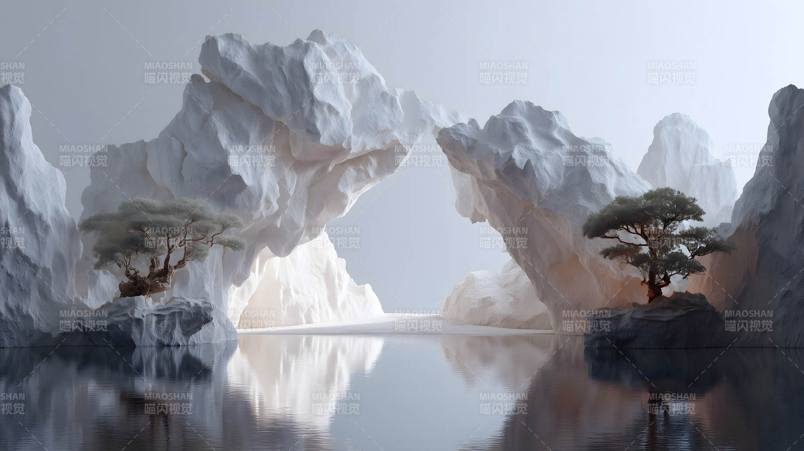 水面倒影下的山川与树木图片