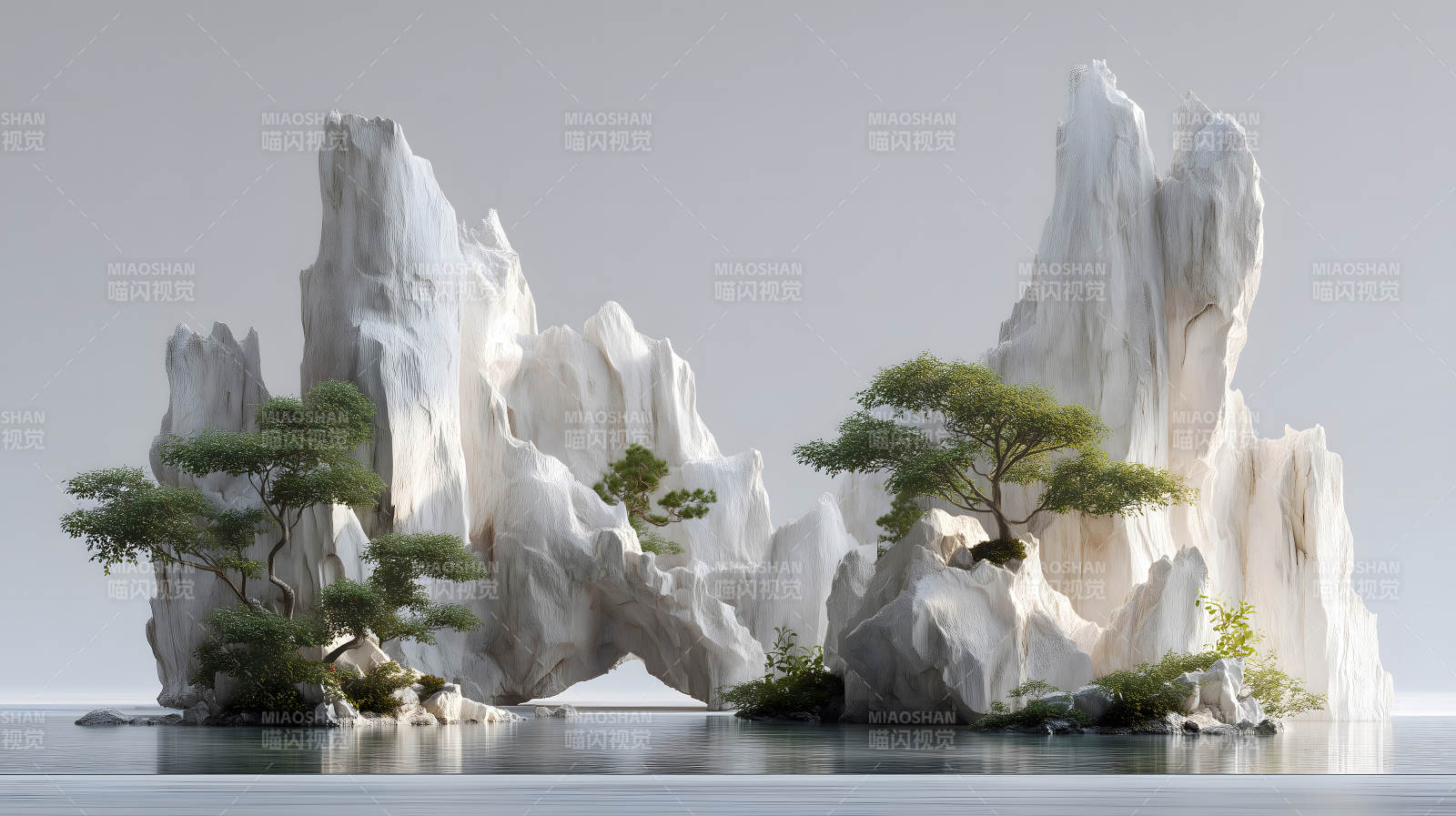 水墨山水风景图景绿树环绕石山图片