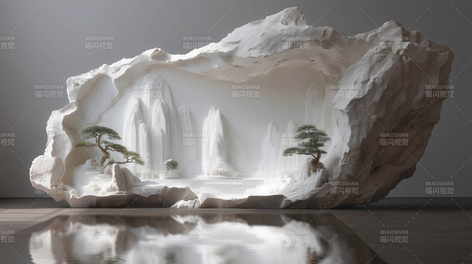 白色山水景观雕塑与水面倒影图片