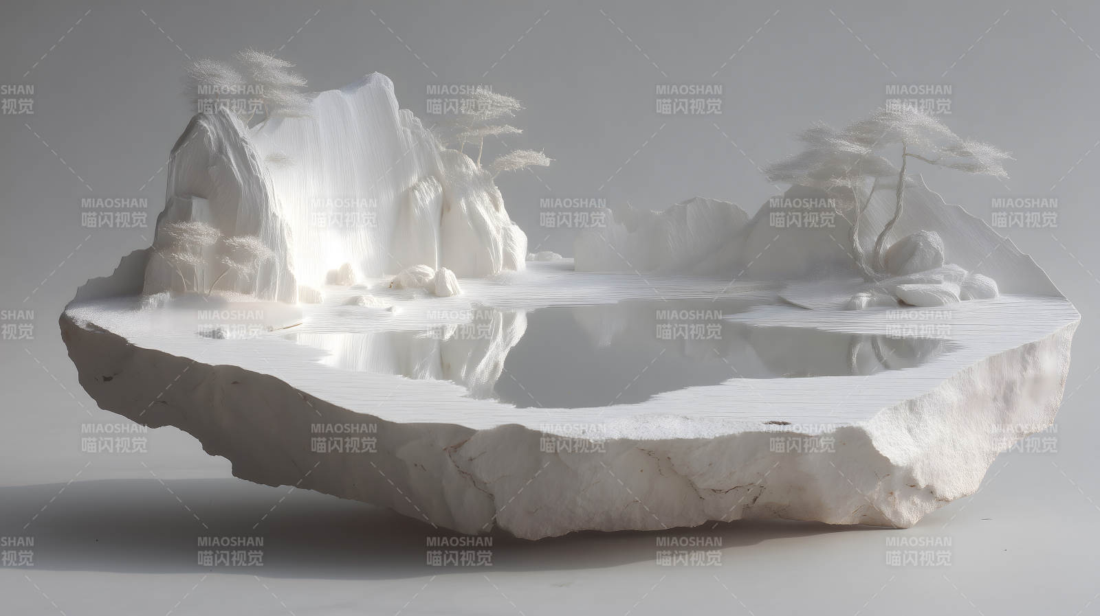 纯白山水景观雕塑漂浮于空中图片