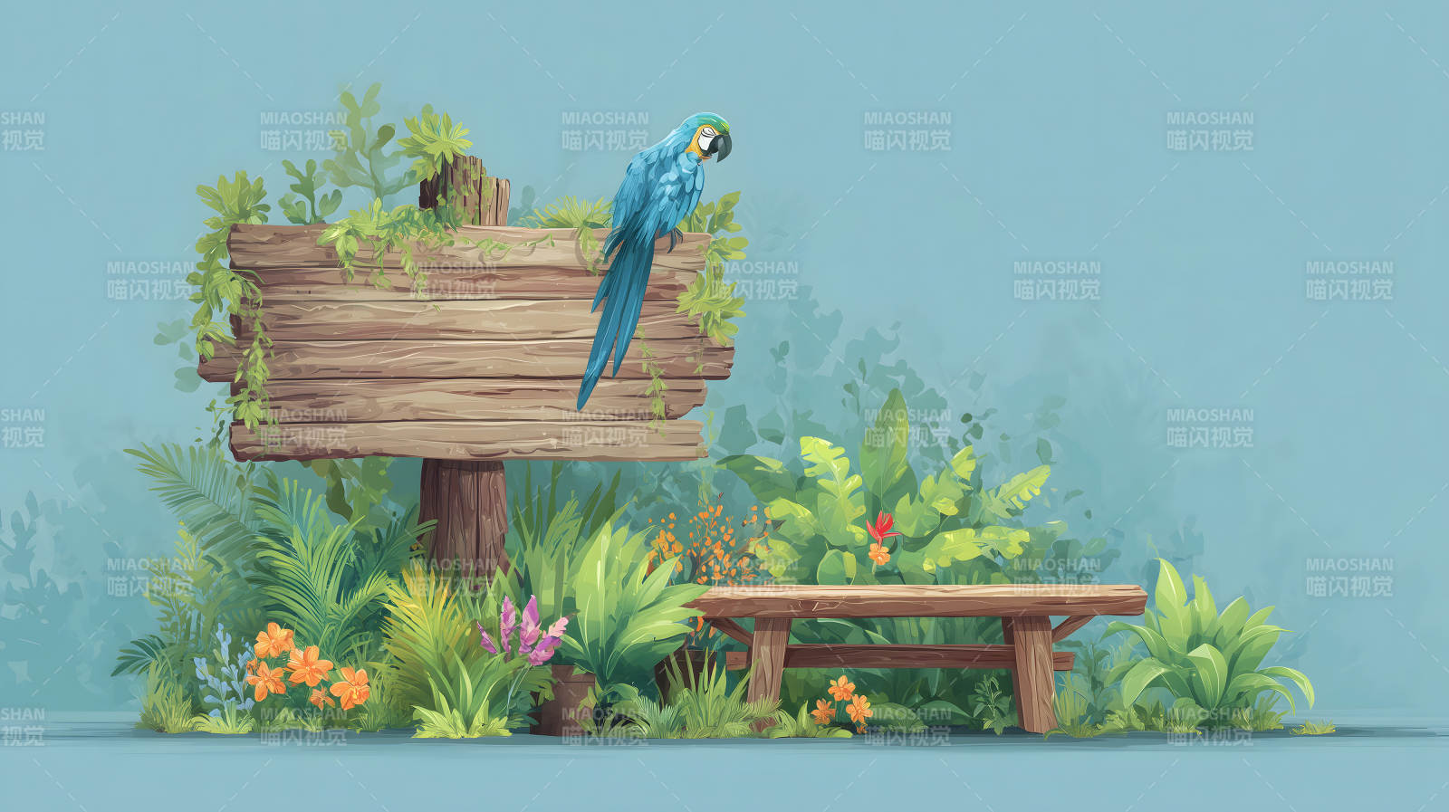 热带风情的公园场景蓝金刚鹦鹉休憩图片