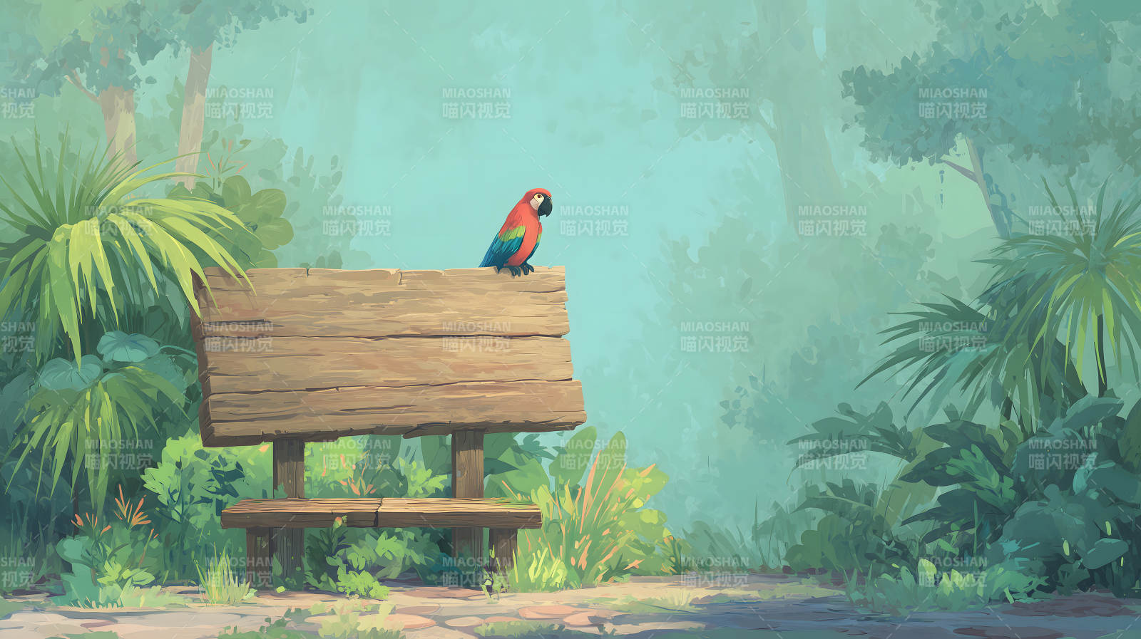 长椅鹦鹉静谧森林图片