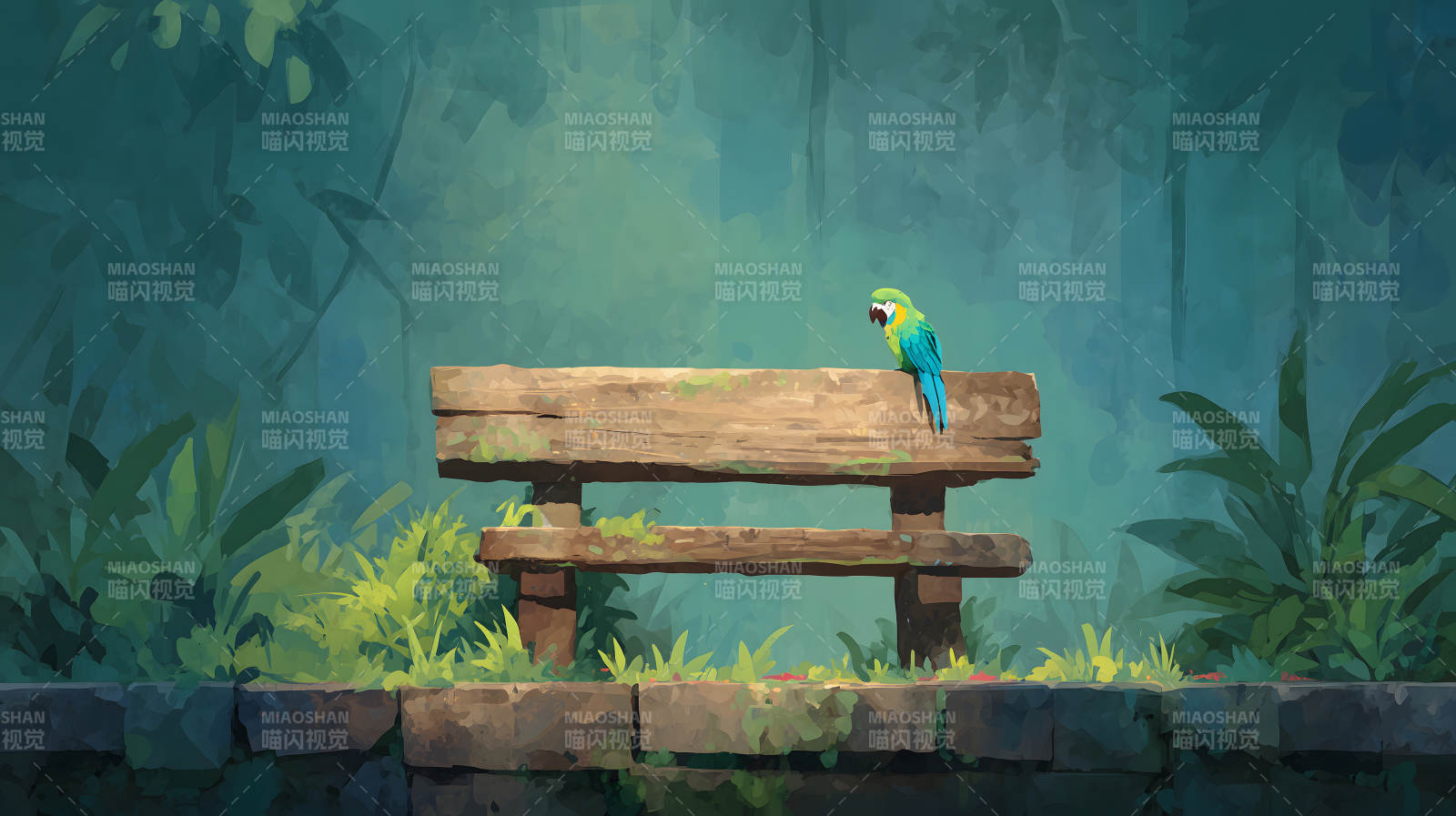 鹦鹉在长椅上休憩丛林景色迷人图片