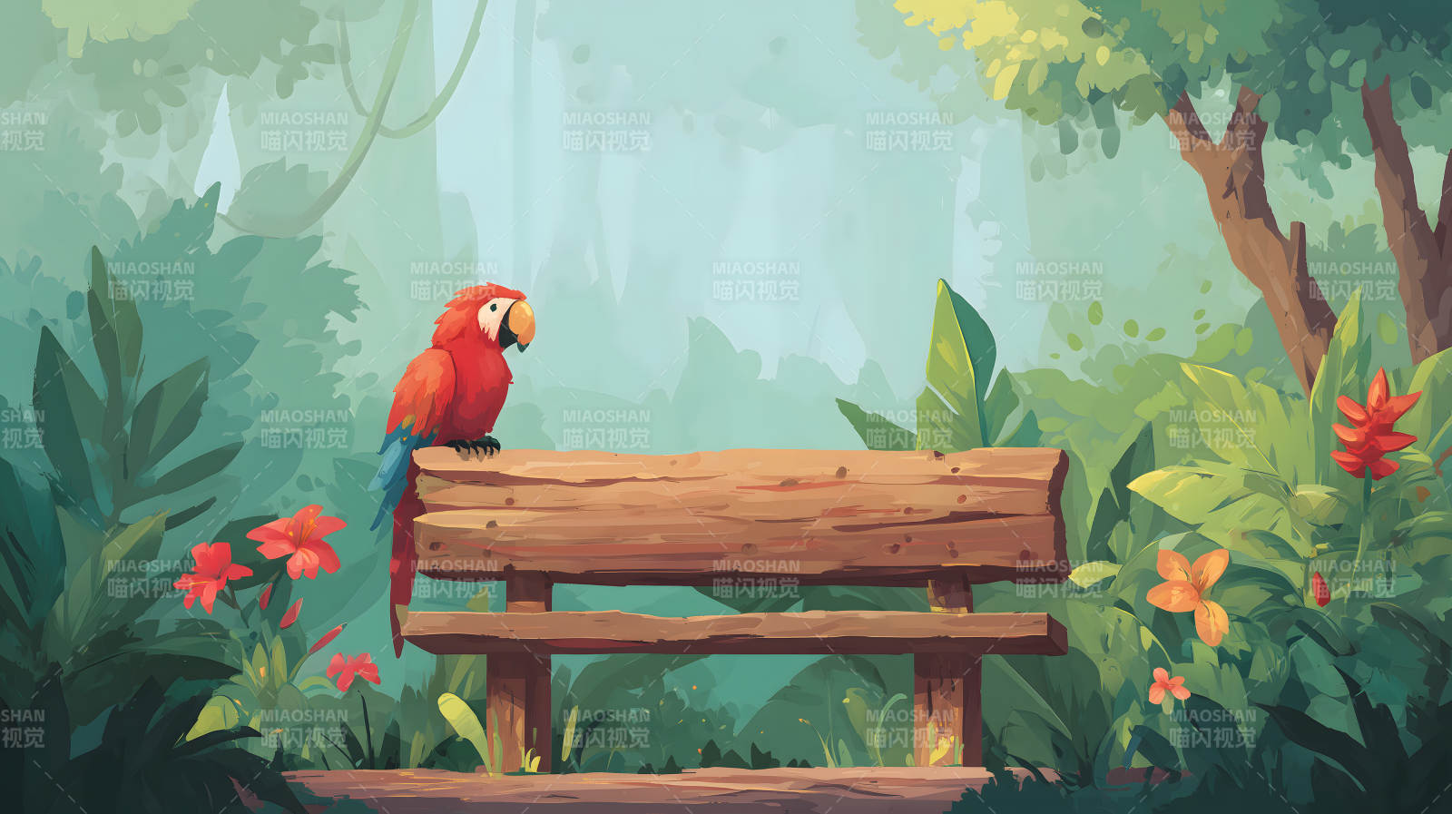热带雨林风光鹦鹉休憩木椅图片