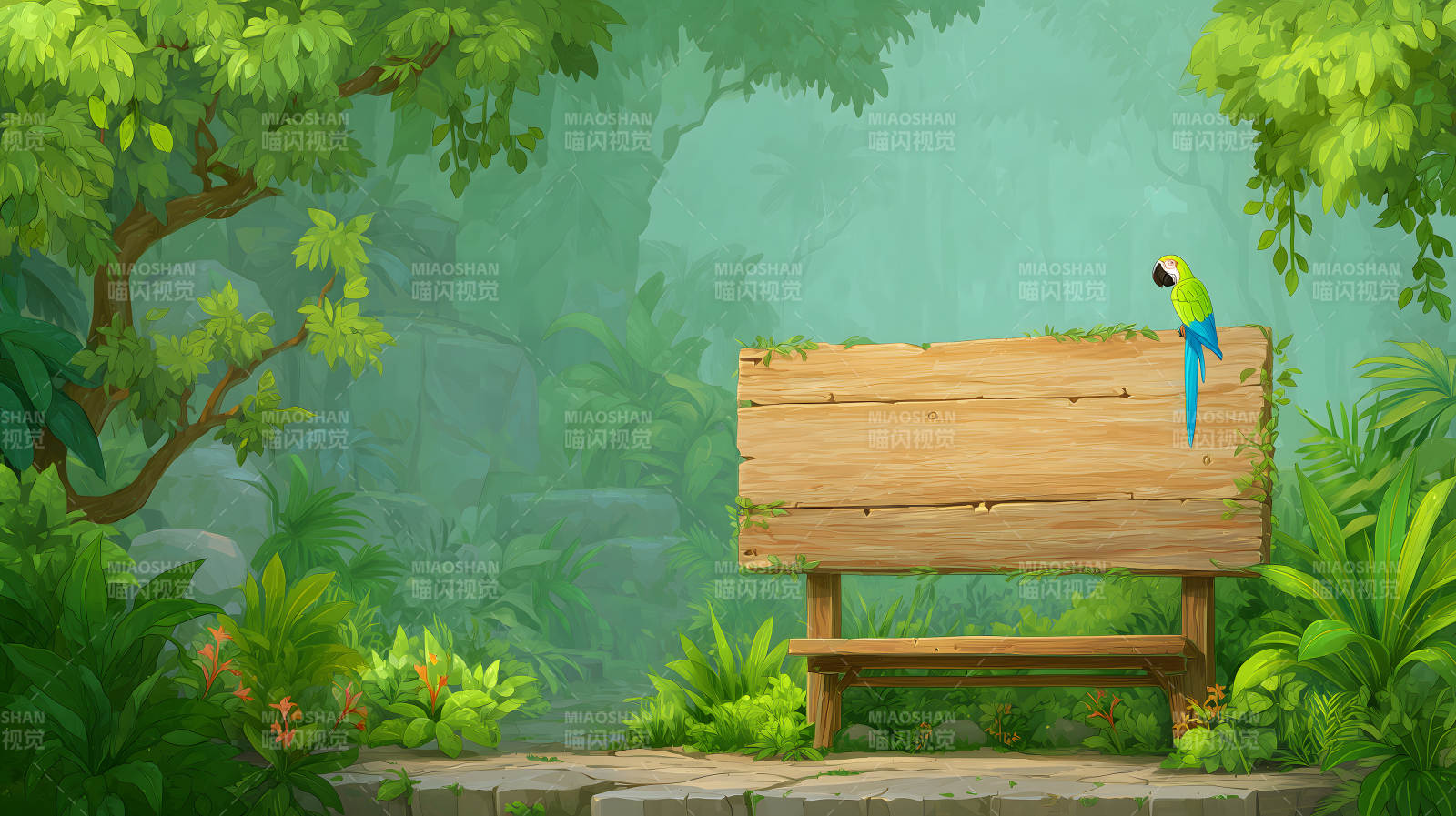 茂密森林里木制广告牌与鹦鹉图片