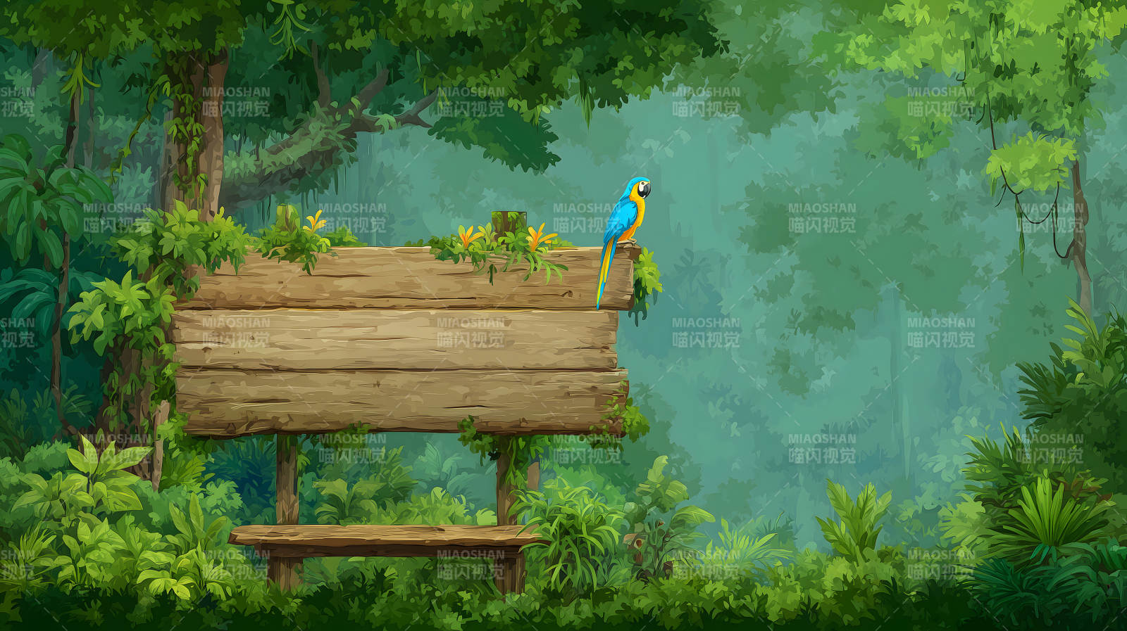 热带雨林中的木牌和鹦鹉图片