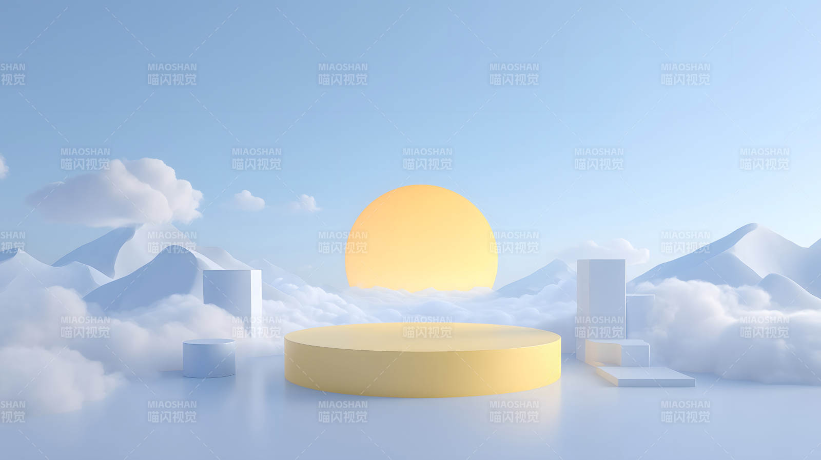 梦幻场景展示台蓝天白云与金色图片