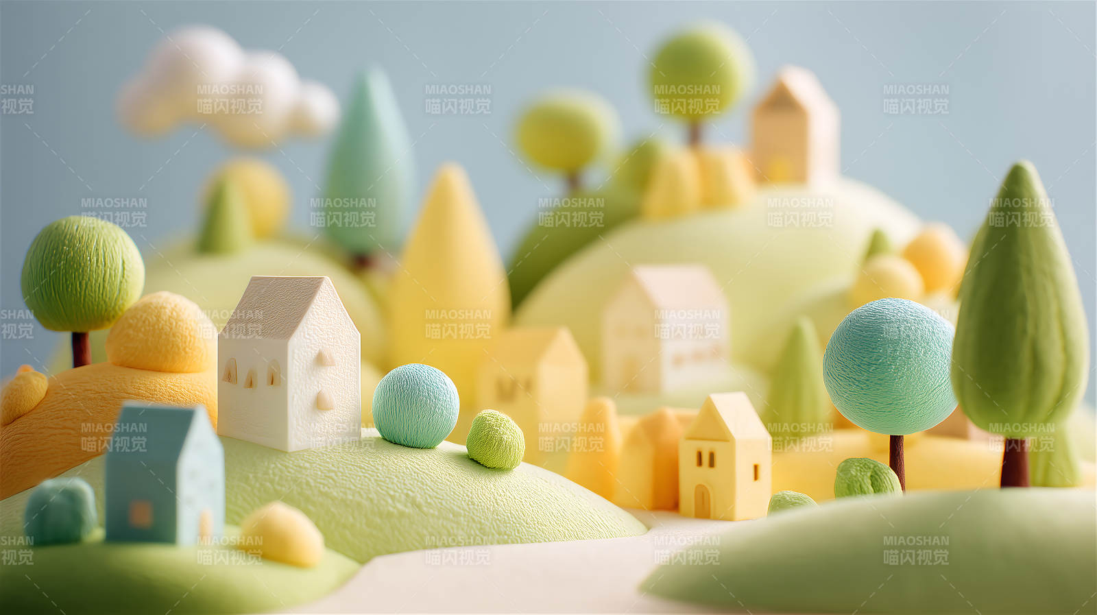 卡通风格的田园风光色彩柔和美好图片