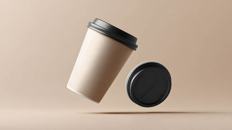 悬浮咖啡杯和盖子在柔和背景中图片