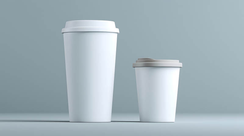 两个白色咖啡杯置于灰色背景图片