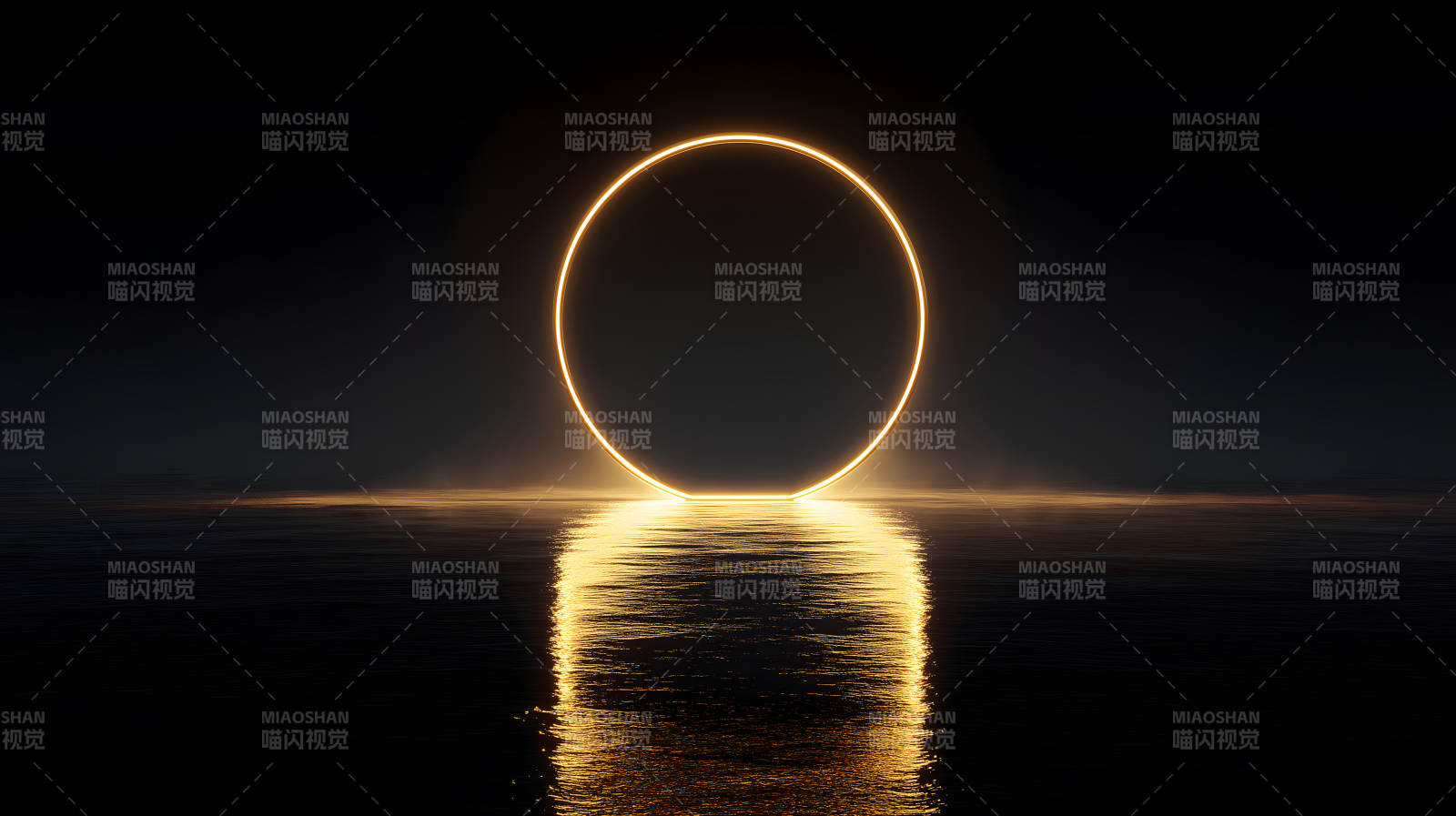 金色光环在水面反射黑暗氛围图片