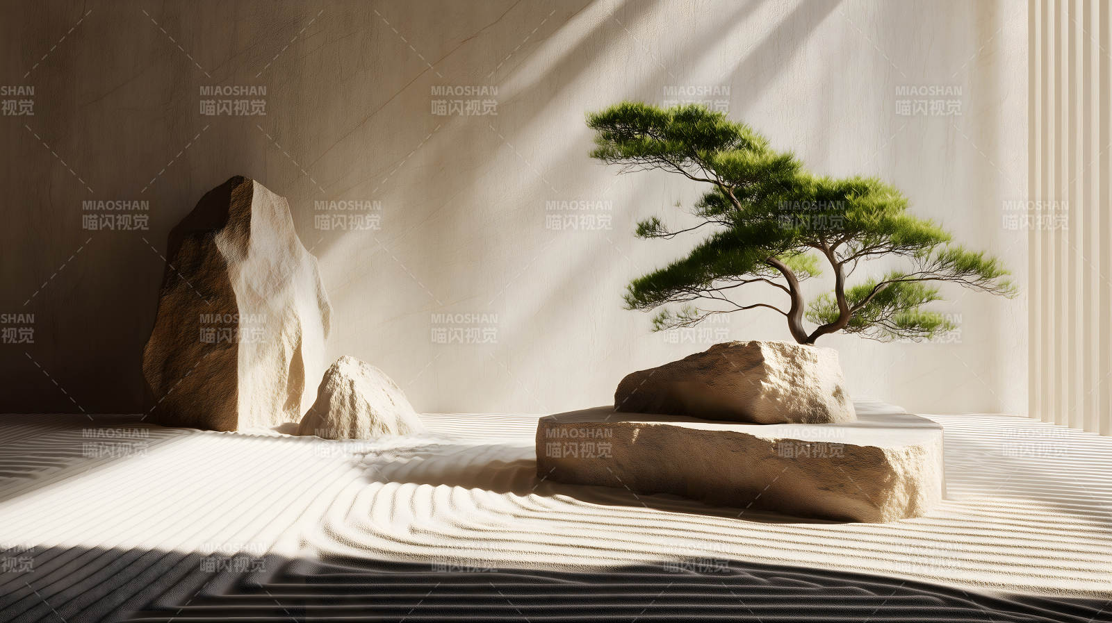 禅意风格景观树石砂砾光影交织图片