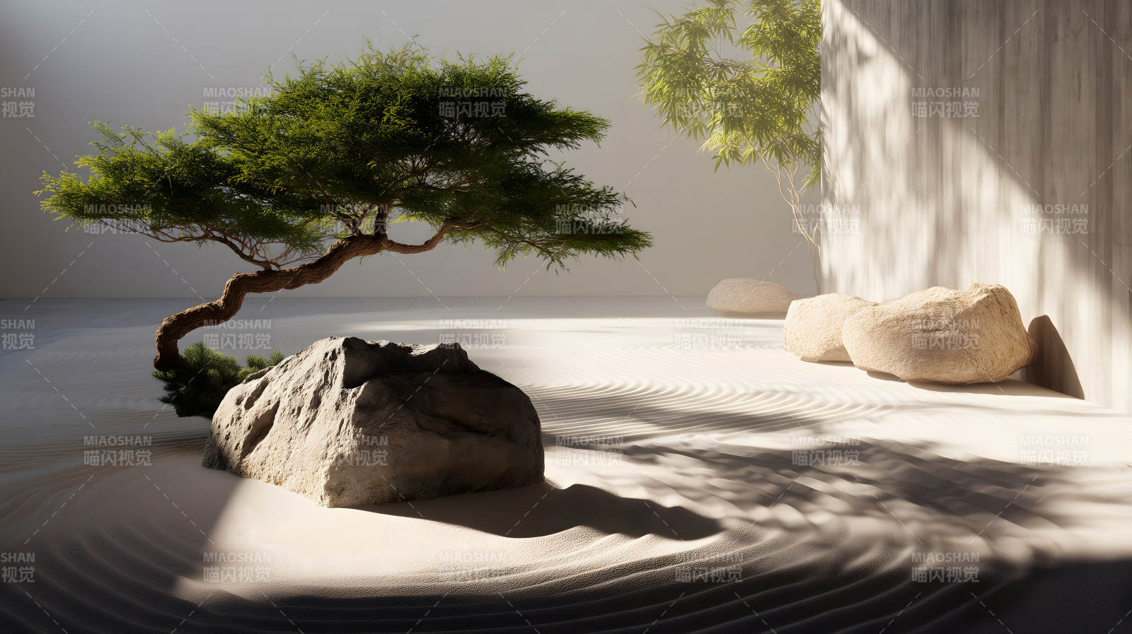 禅意花园树影斑驳光影图片