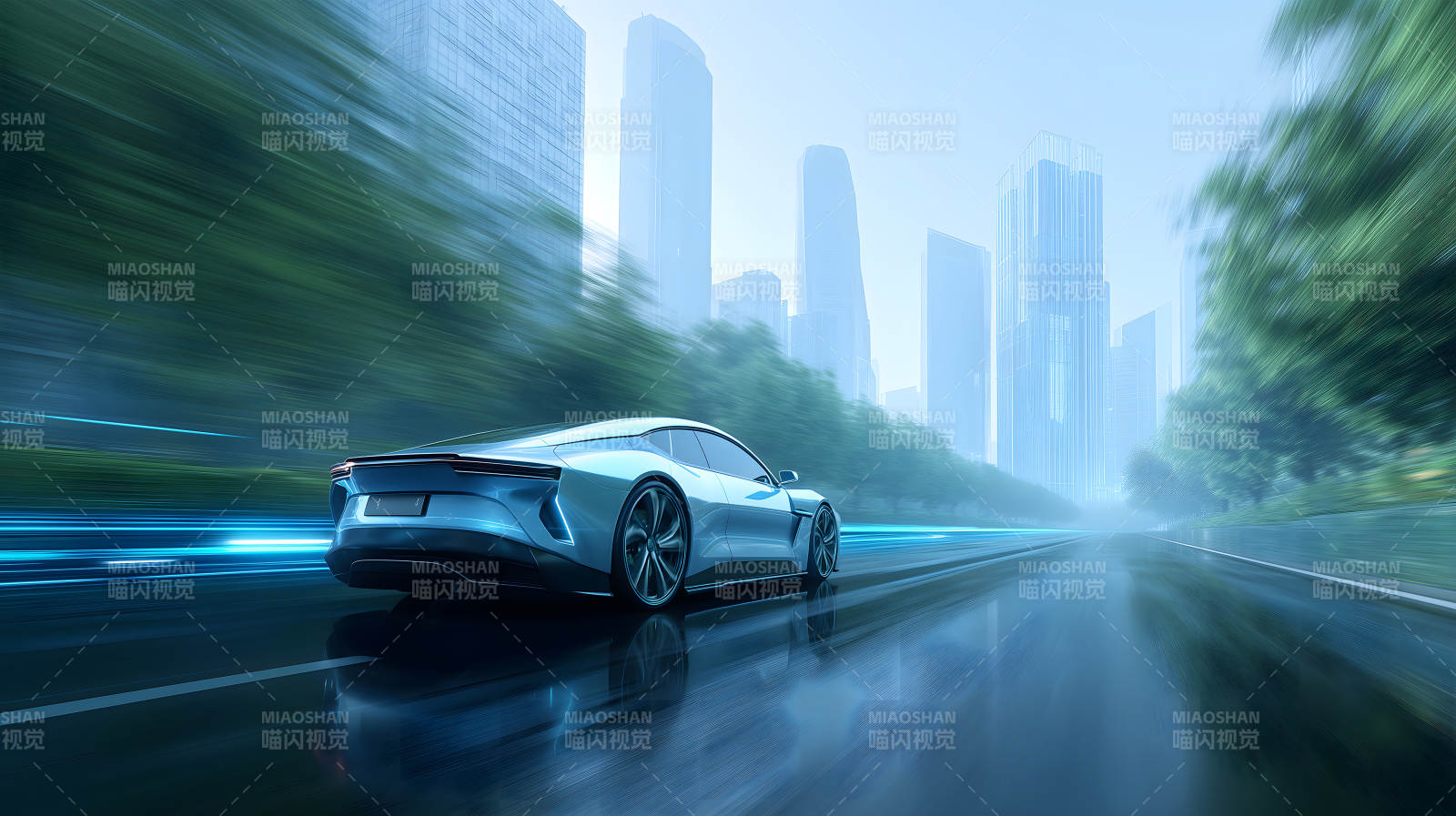 未来风格的蓝色汽车在城市道路上行驶图片