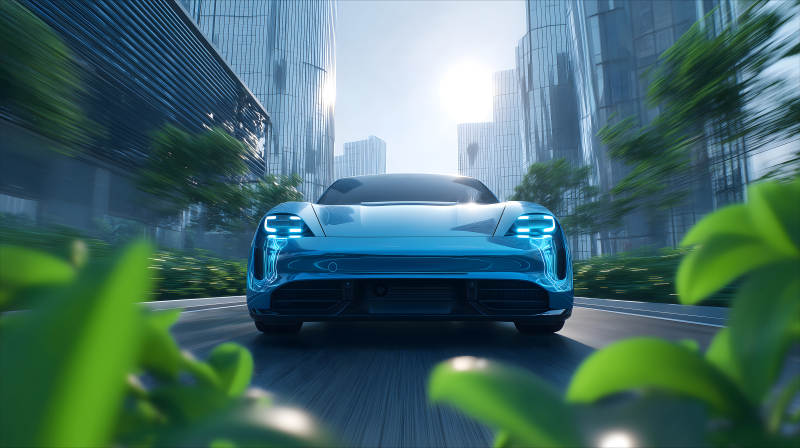 蓝色汽车行驶在城市道路上图片