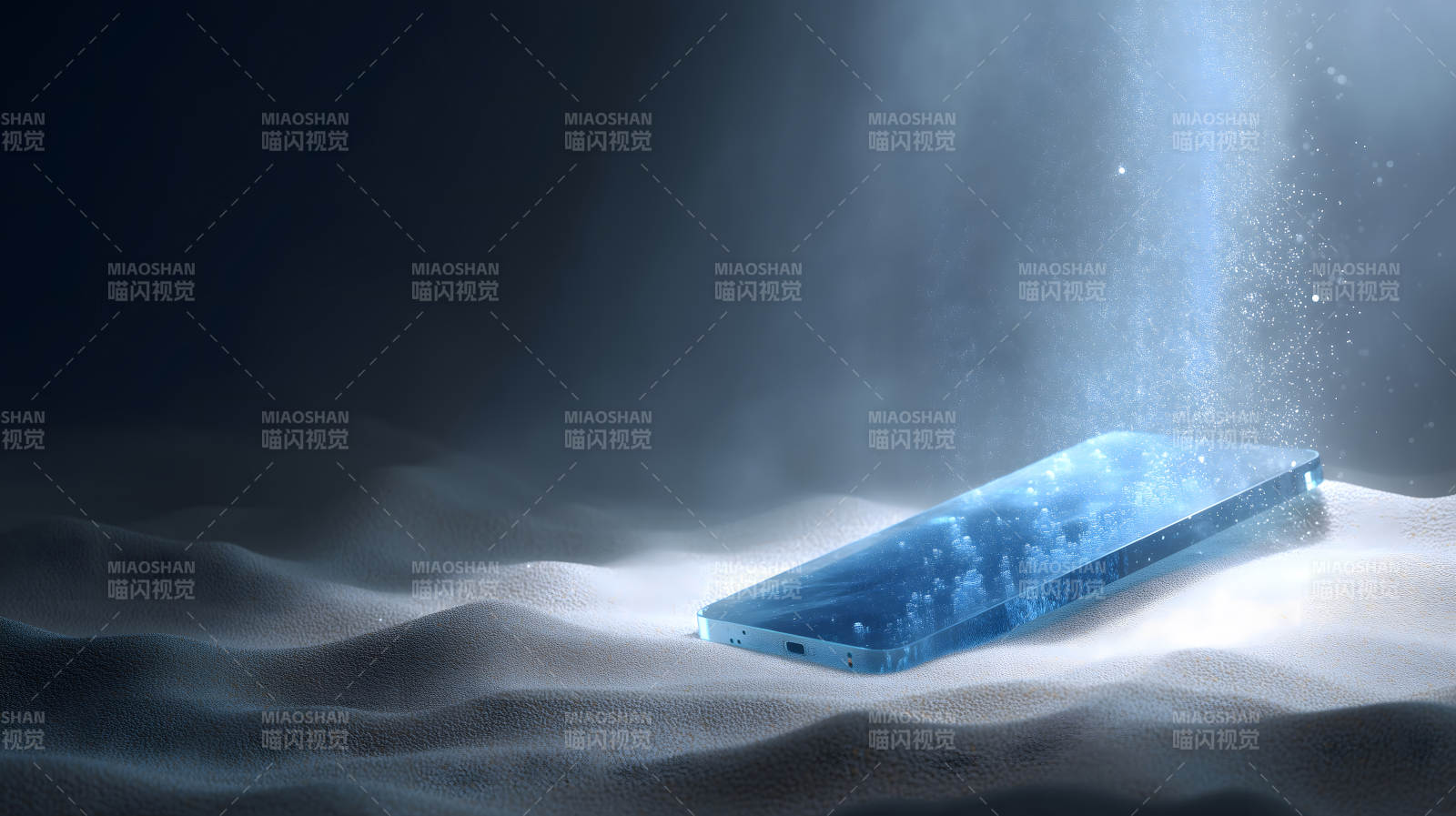 冰冻手机置于沙丘之上光线照耀图片