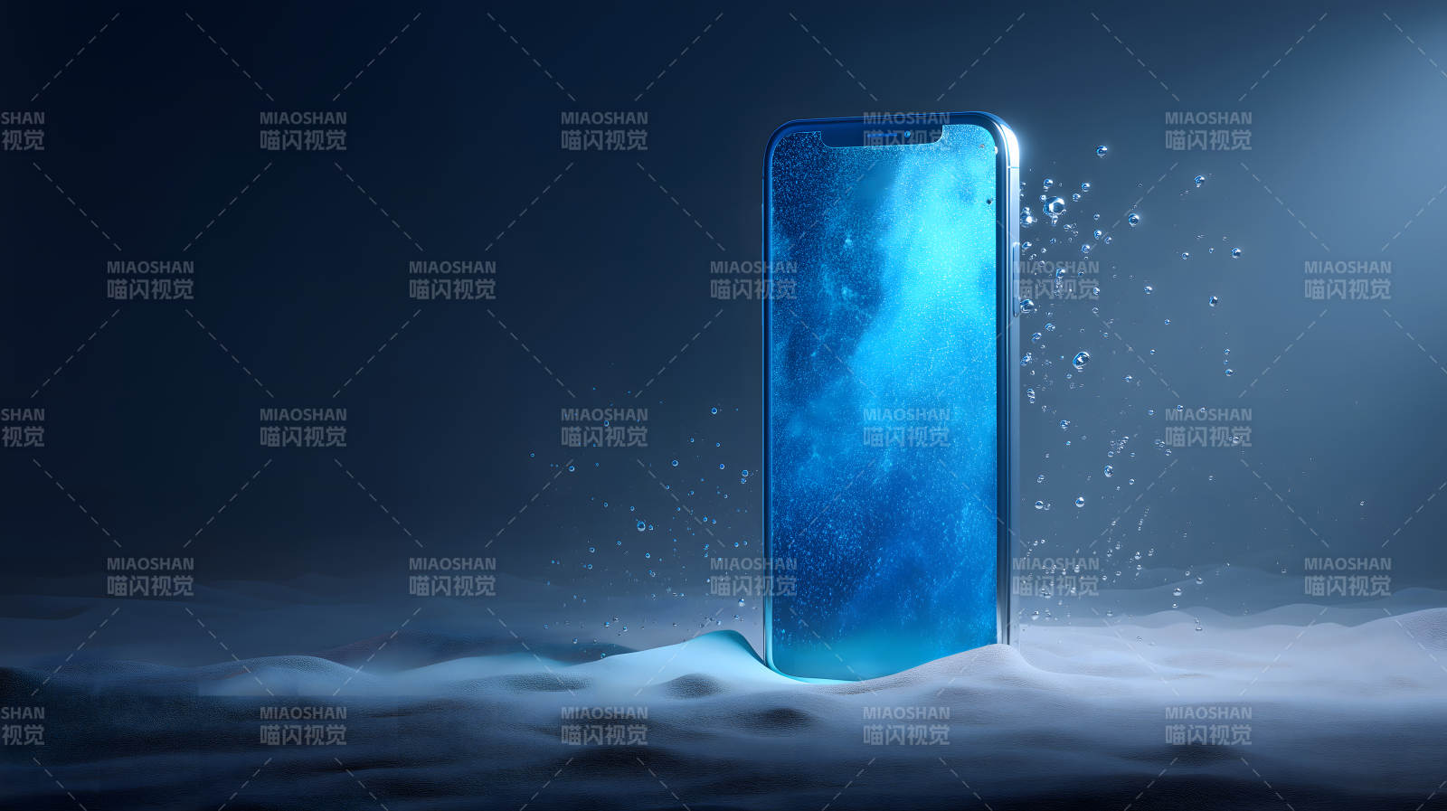 手机置于水下蓝色梦幻场景图片