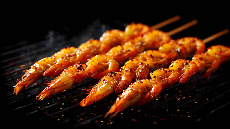 烤虾串在烤架上冒着热气图片