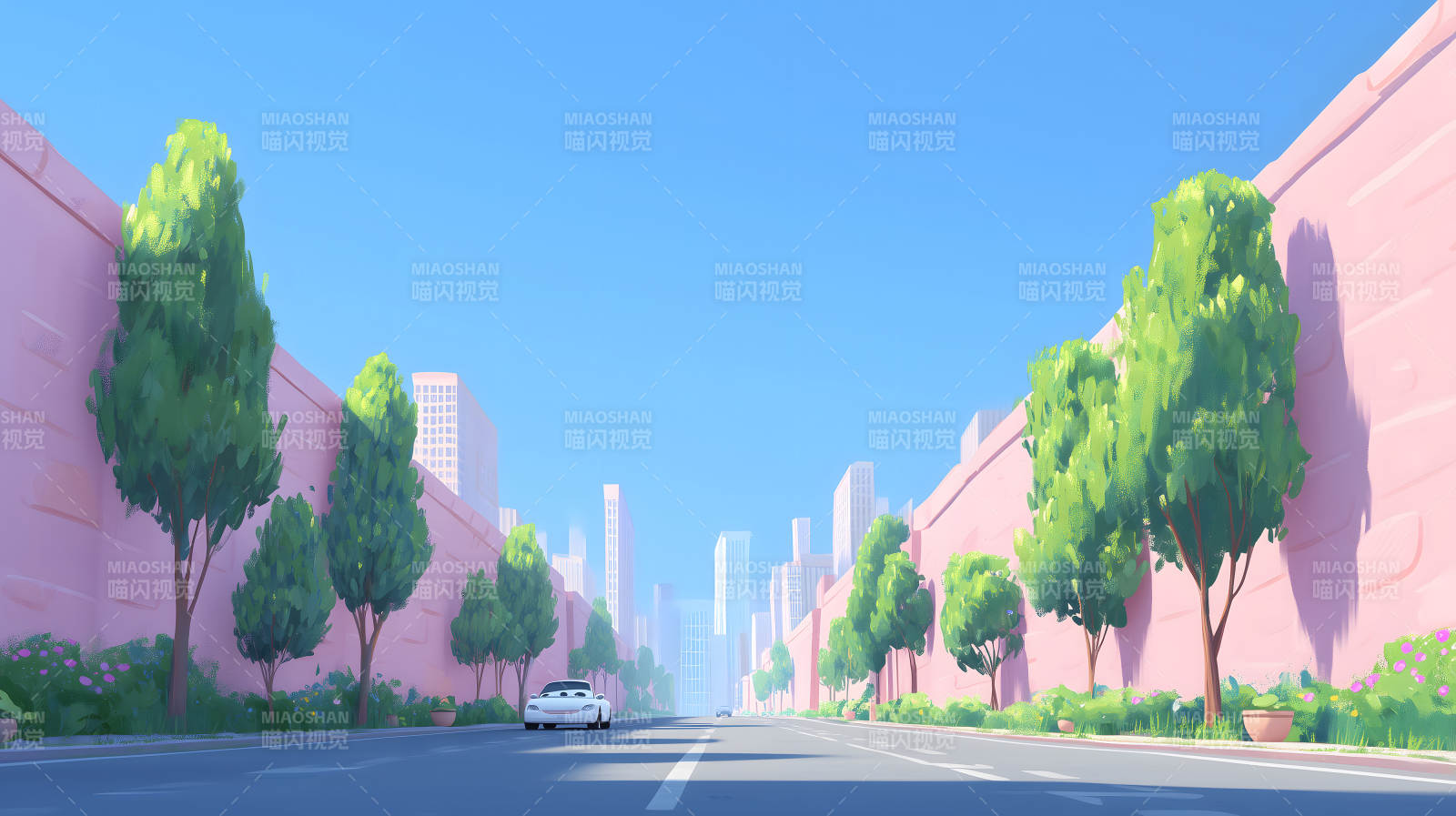 卡通风格城市街道树木图片