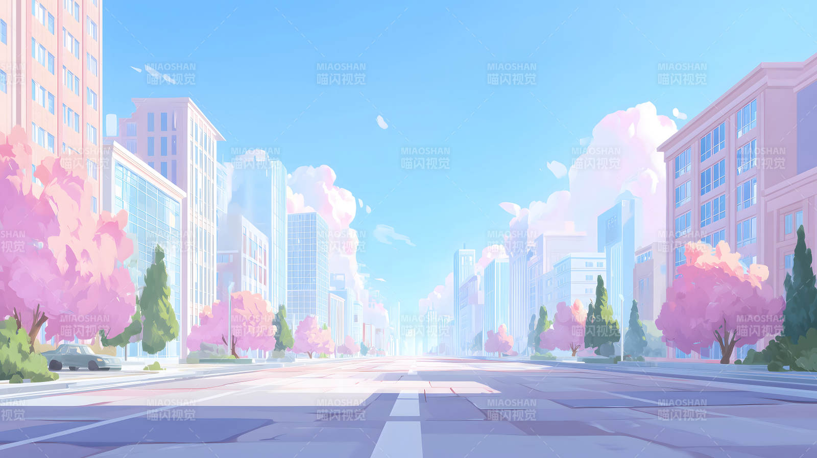 城市街道樱花盛开阳光明媚风景图片