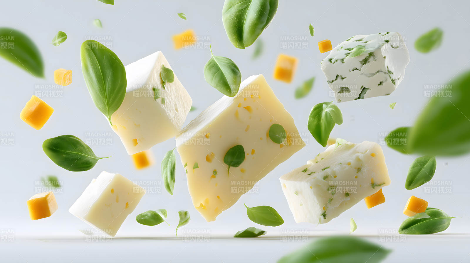 奶酪和罗勒叶漂浮构图图片
