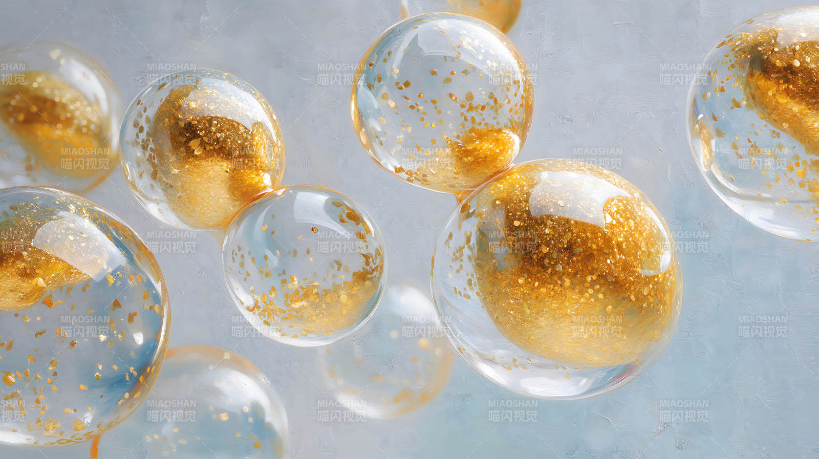 金光闪闪的透明气泡悬浮画面图片