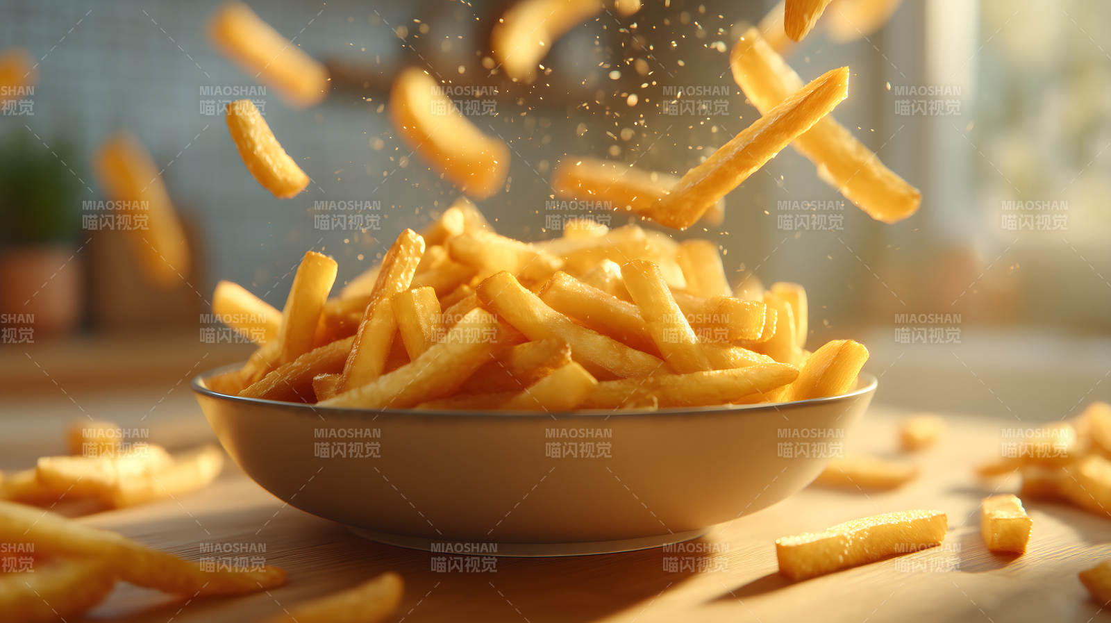 炸薯条飞溅在碗里图片