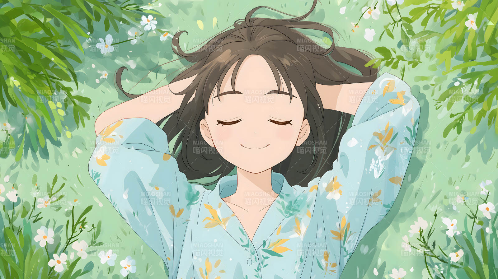 女孩躺在草地上放松图片