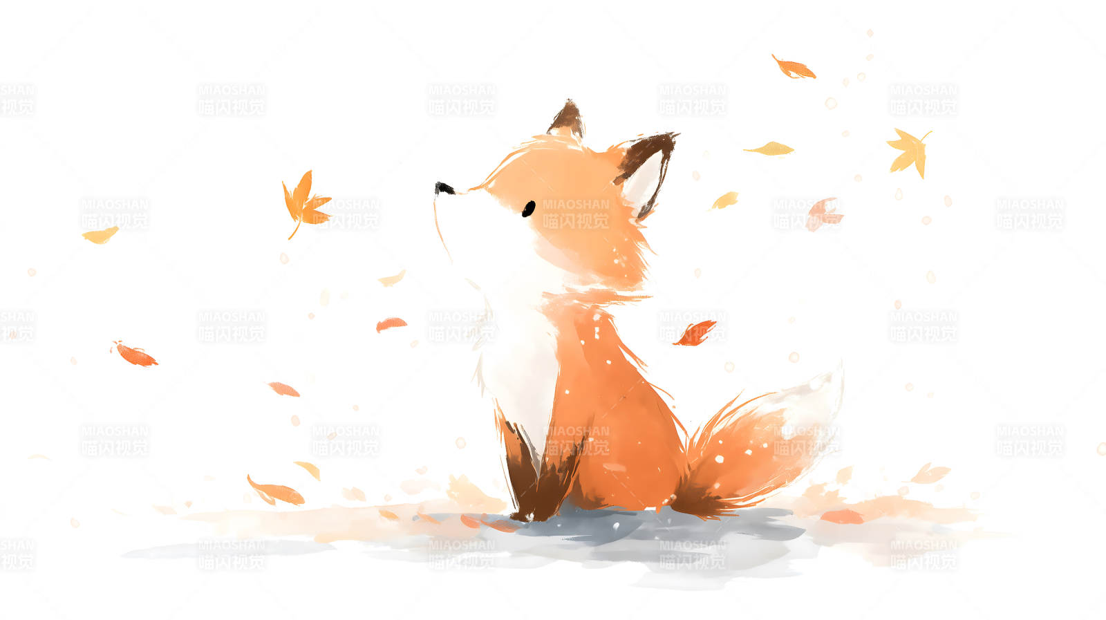 可爱小狐狸仰望天空落叶纷纷图片