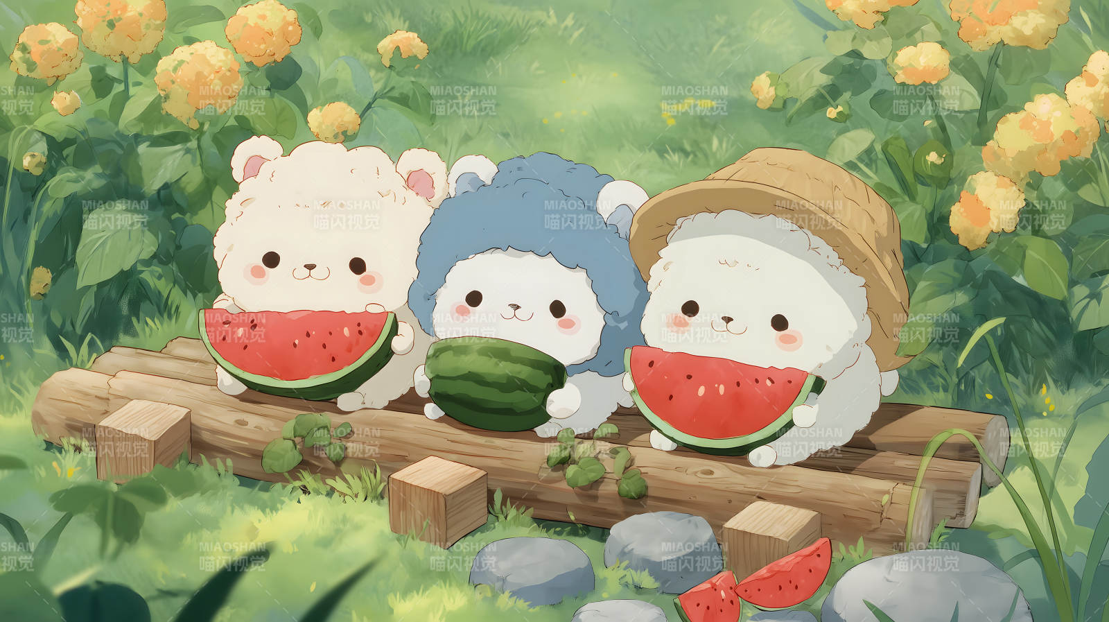 可爱小动物享用西瓜图片
