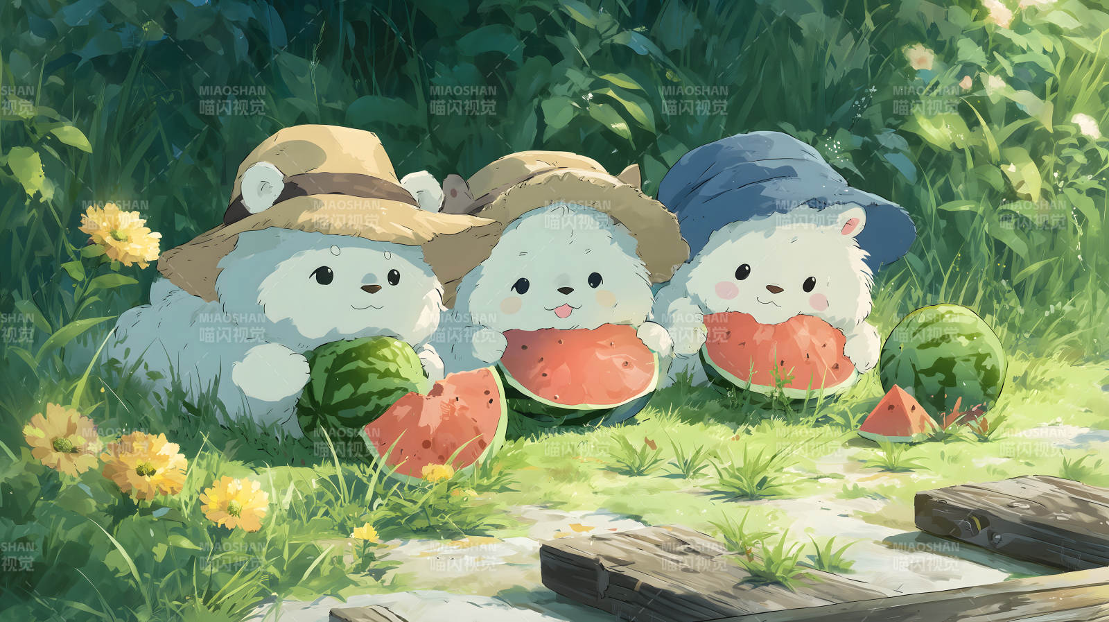 可爱小熊夏日吃西瓜图片