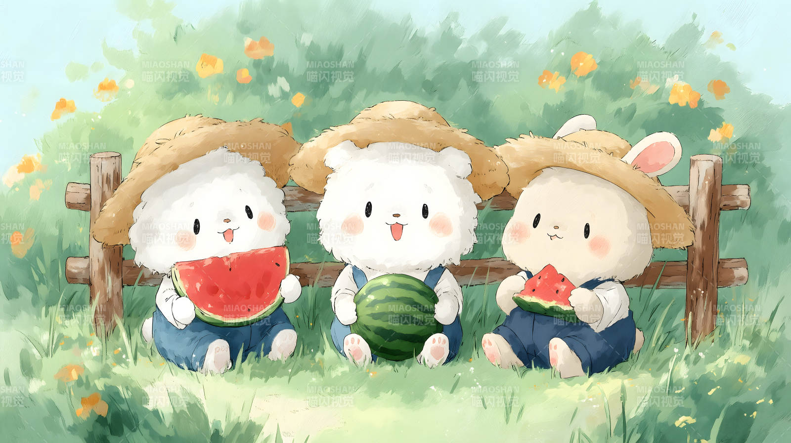 小动物们享用水果在草地上图片