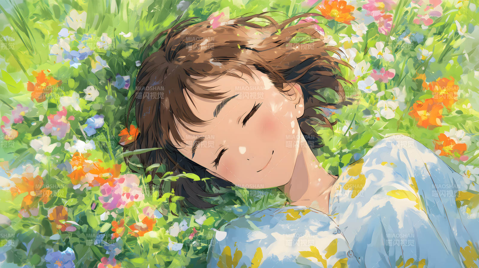 女孩躺在花丛中享受阳光图片