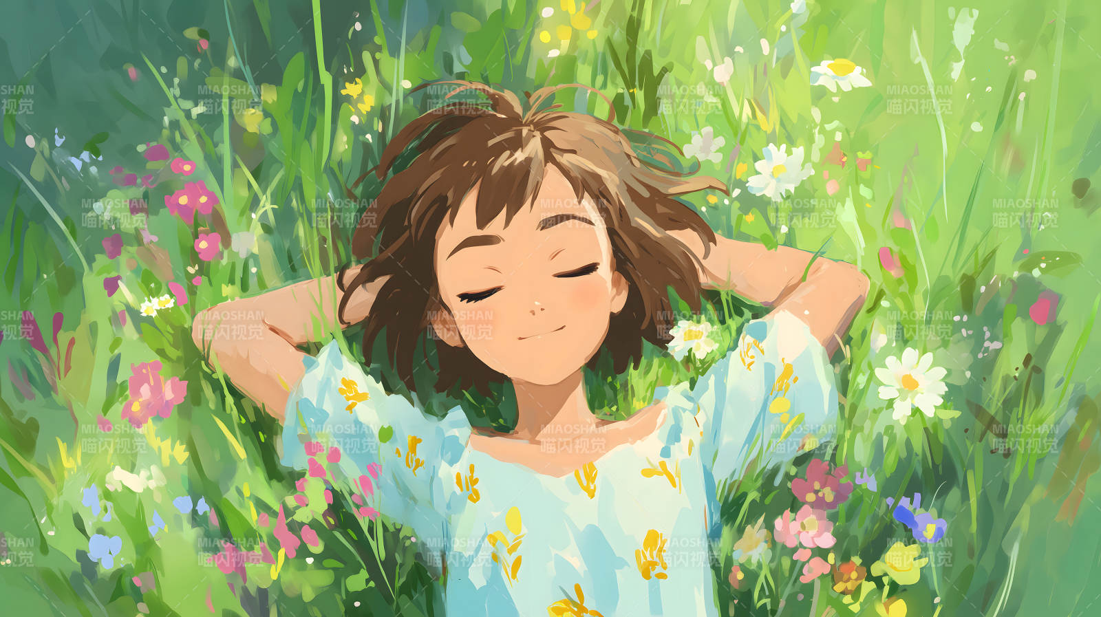 少女仰卧草地微风拂面图片