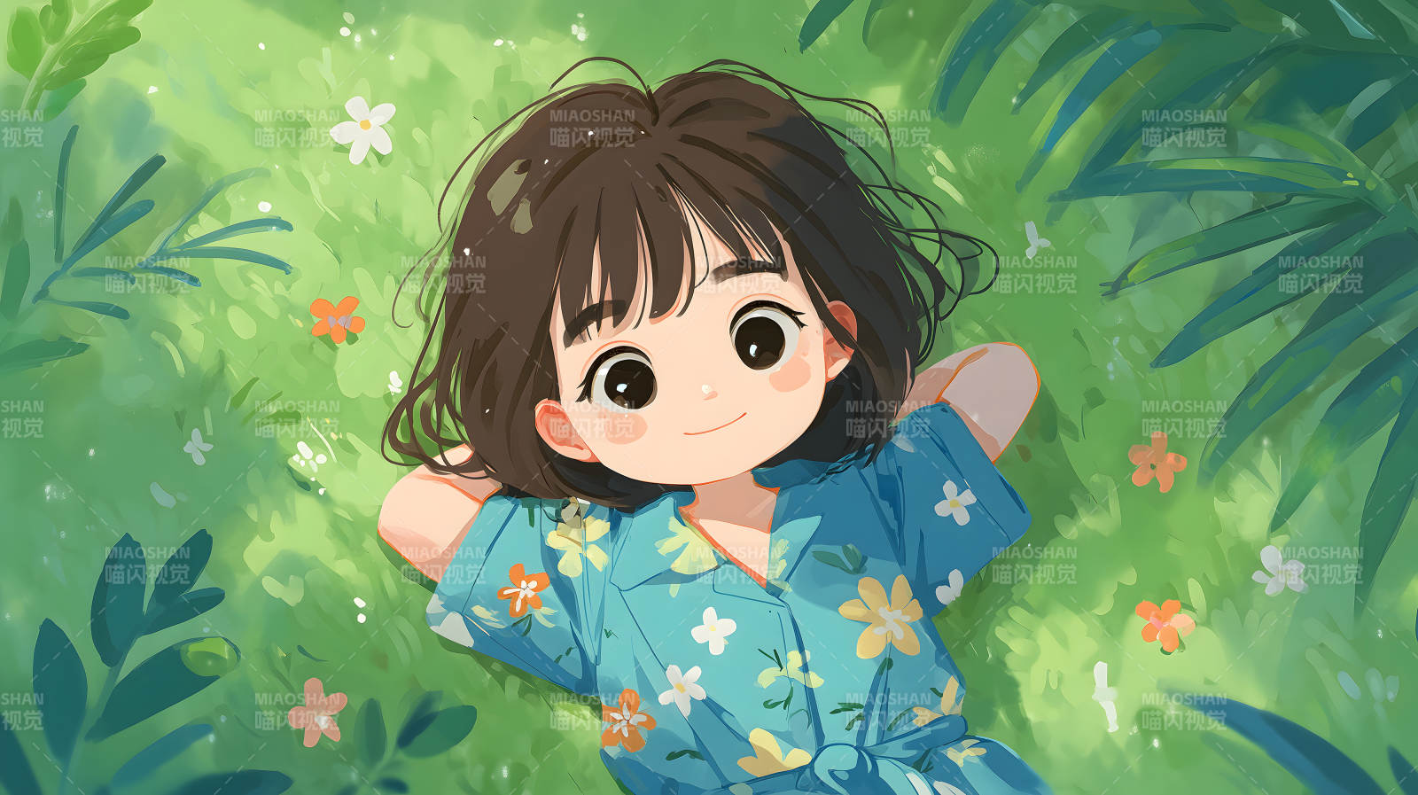 女孩在草地上放松图片