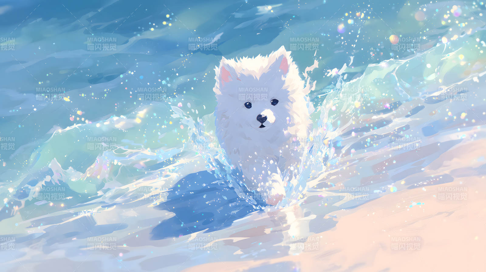 可爱小狗在海水中嬉戏图片