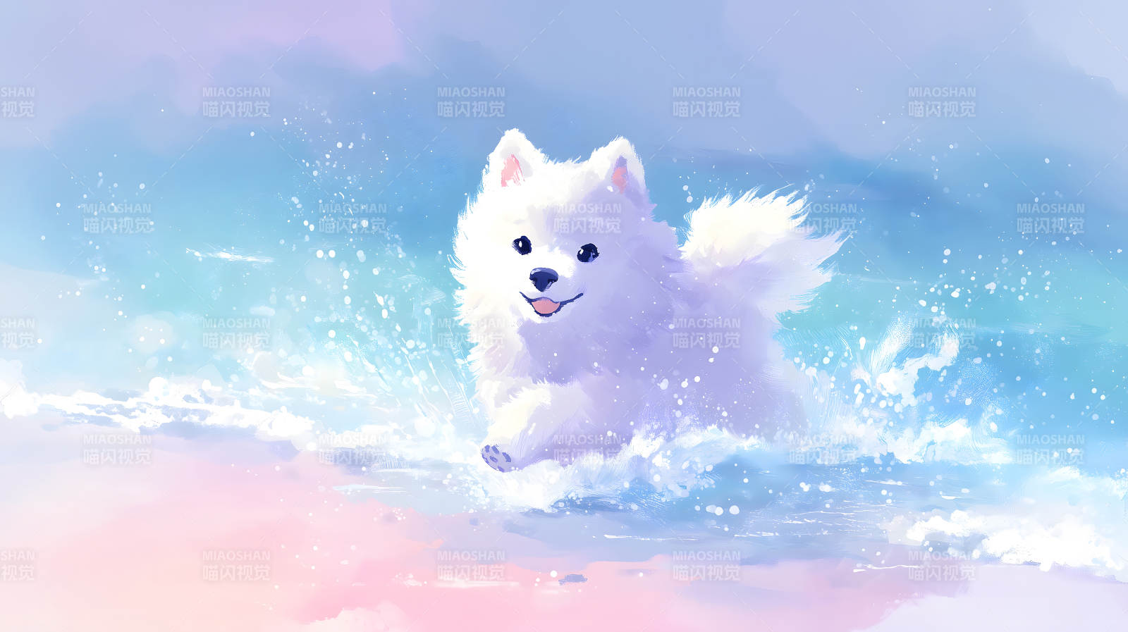 可爱狗狗海边玩耍的卡通画图片