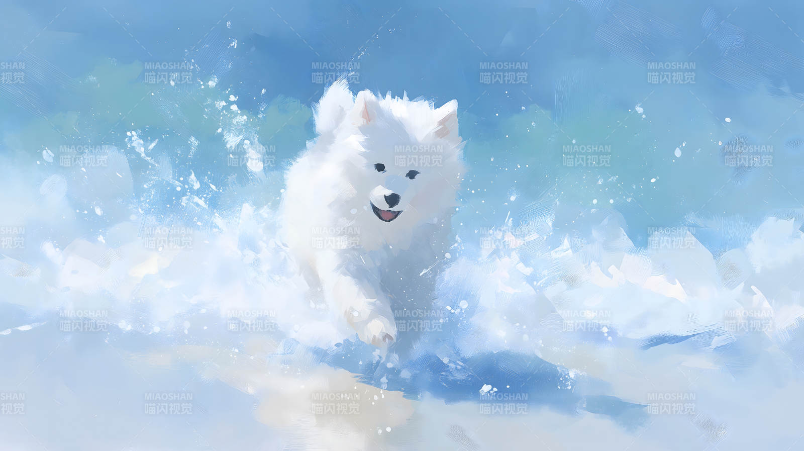 萨摩耶在水中欢快奔跑图片