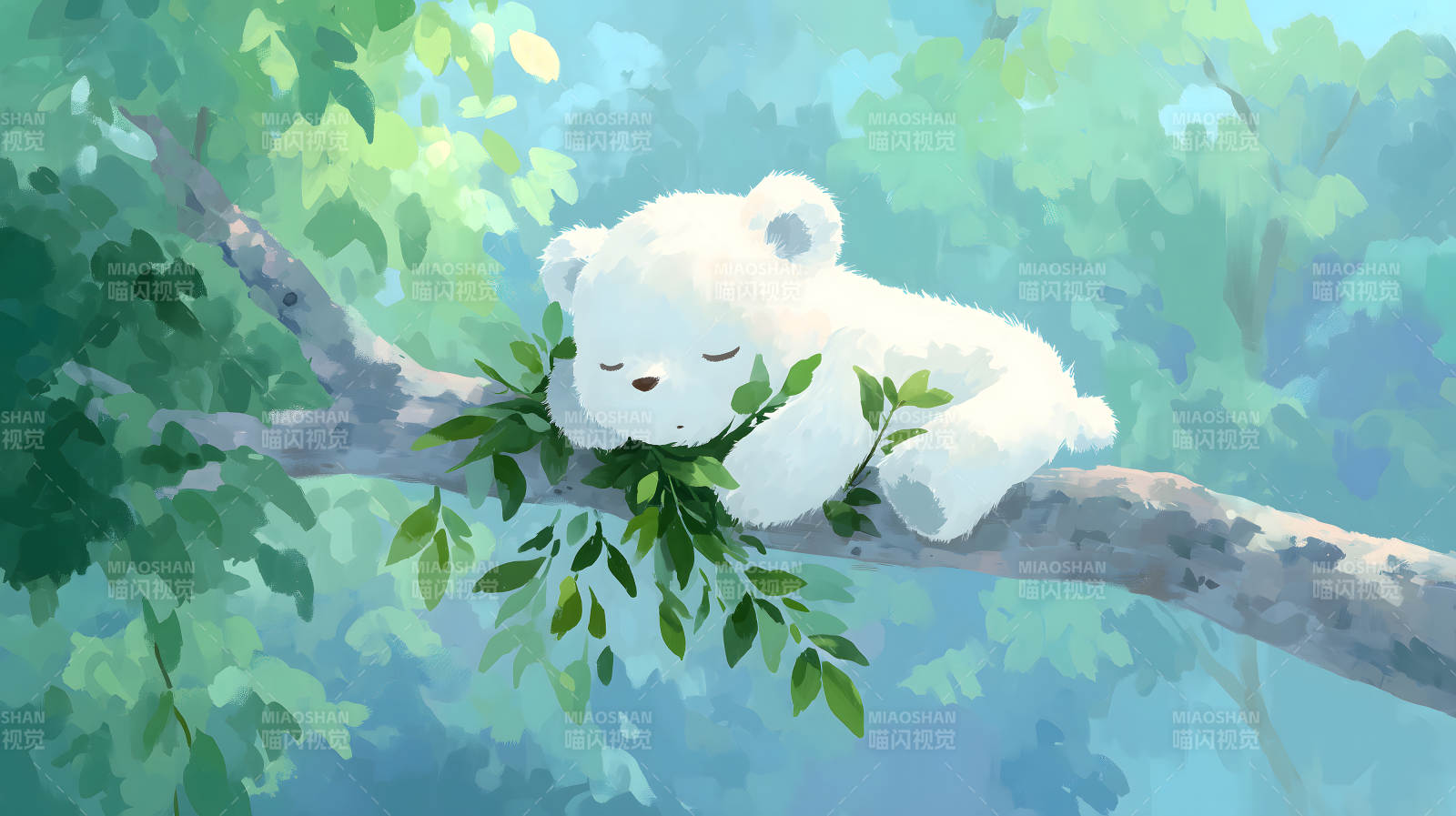 小熊树上睡觉绿叶环绕图片