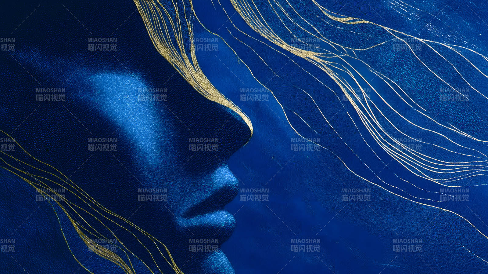 蓝色脸庞金色线条抽象艺术图片