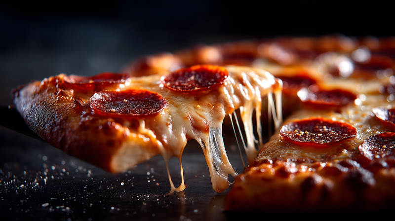 美味的披萨特写芝士拉丝诱人图片