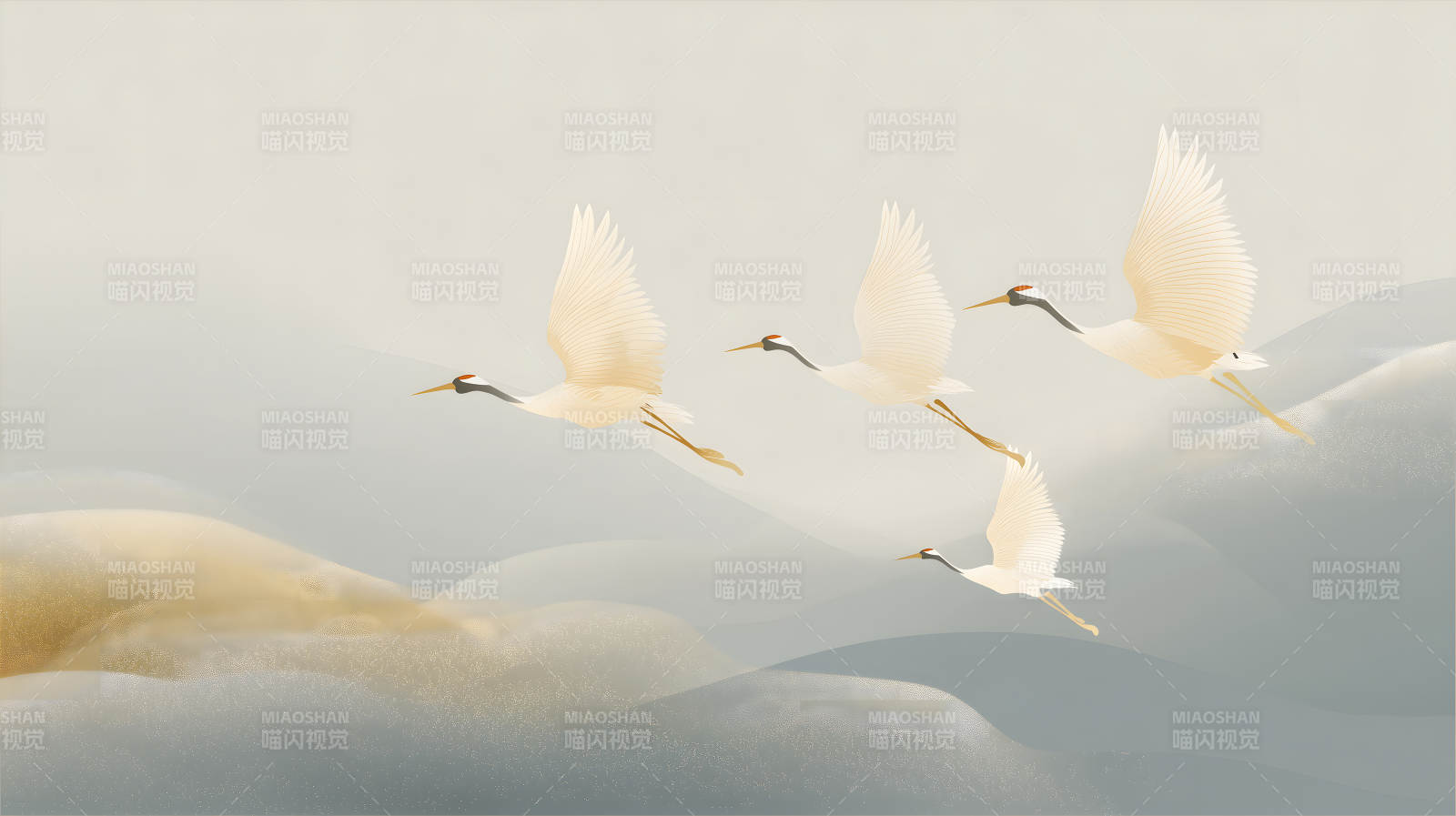 鹤群飞翔于山峦之上意境悠远图片